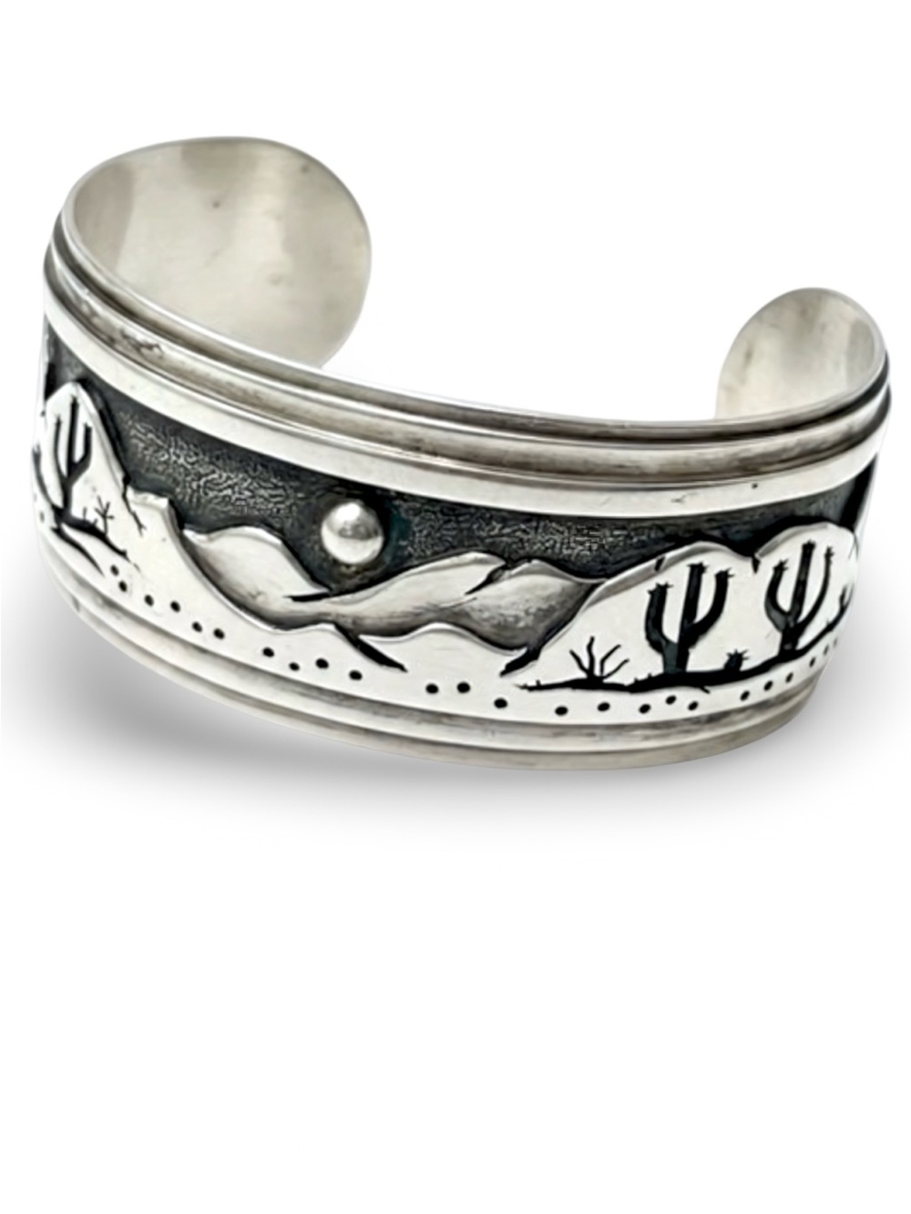 Native American Storyteller Silver Cuff Bracelet With Saguaro Motif 64 grams
